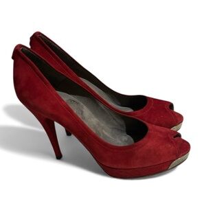 Red suede Stuart Weitzman platform peep-toe pumps size 9
